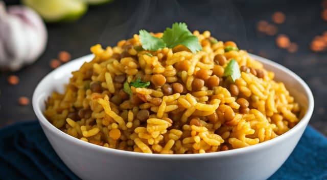 Arroz com lentilhas: Um prato de lentilhas clássico, simbolizando riqueza.