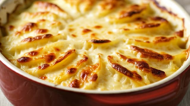 Batata gratinada – coberta com creme e queijo, assada até dourar