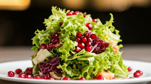 Salada de romã: Romã fresca com folhas verdes e temperos