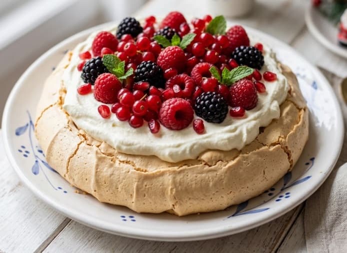 Pavlova de Natal com frutas vermelhas