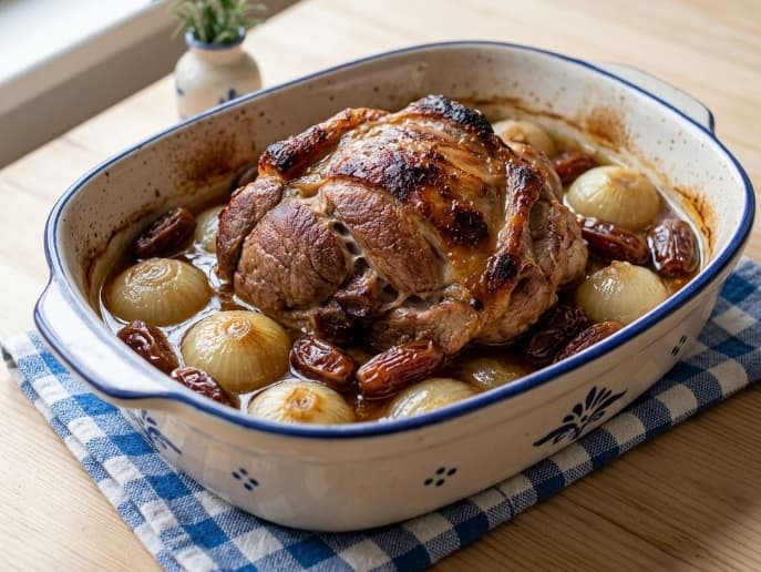 Pernil assado na cachaça com cebolas