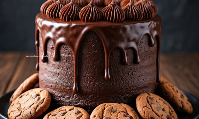 Bolo de chocolate com creme de cookie e blindado com ganache