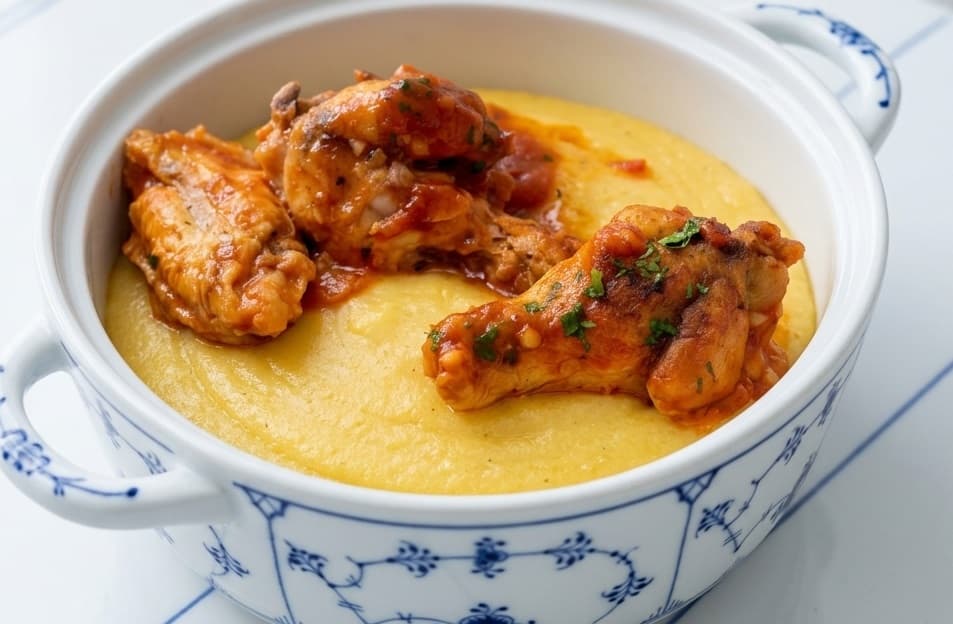 Polenta cremosa com frango cozido